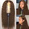 Kinky Curly 360 Lace frontale Braziliaanse pruiken voor zwarte vrouwen Bruine Deep Wave Synthetische pruik met babyhaar gebogen knopen253u34612005513091