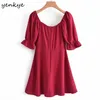 夏の女性赤いドレス女性半袖巾着VネックAラインミニヴェスティドカジュアル210514