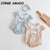 Mono de verano para niña, mono con lazo Floral de manga corta y tocado, ropa para niños de estilo bonito nacido E2003 210610