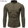 Men's Stand Collar Epaulette Pocket Decoration Tooling Military Wind Shirt Casual Long-Sleeve Dress Shirt Slim Men Clothing 210524