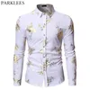 Mens Gold Rose Floral Print Shirts Brand Floral Steampunk Chemise White Long Sleeve Wedding Party Bronzing Camisa Masculina 220222