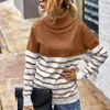 Suéter de cuello alto a rayas elegante de invierno para mujer, jerséis holgados informales de retales de Color Hit, Tops de punto coreanos Harajuku, jerséis 210518