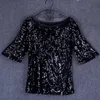 Kvinnors Blusar Skjortor Kvinnor Sommar Mode Sexig Sequined Broderade Half Sleeve Lady Toppar Lös Casual Shirt Guld Blusas Plus Storlek 5XL