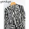 Lente vrouwen vintage zebra gestreepte lange shirt jurk vrouwelijke mouw revers kraag sjerpen casual a-lijn vestido 210430