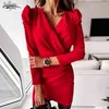 Office Lady Party Dress Spring Summer Puff Sleeve Pleated Women Bodycon V-neck Sexy es Female Femme Robe 12834 210510