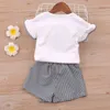 Filles Set Summer Toddler Kid Vêtements Étoile à cinq branches T-shirt à manches courtes + Short à carreaux 2pcs Casual ChildrenClothes Costume 210515