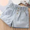 Été décontracté 2 3 4 5 6 7 8 9 10 11 12 ans coton gros boutons de poche Denim Shorts pour enfants bébé filles 210529