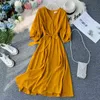 Korobov Korean V Neck Short Sleeve Chiffon Dress Vintage Sashes High Waist Elegant Solid Dresses Summer Beach Style Vestidos 210430