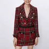 ビンテージブレザースカート2ピースセット女性エレガントな赤いツイード+チェック柄カジュアルパーティークラブ衣装210521