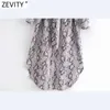 Zevity Women Sexy Snake Skin Print Bow Tied Sashes Midi Dress Office Lady Long Sleeve Casual Business A Line Vestido DS4771 210603