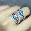 Cluster Rings Meibapj925 Sterling Silver Inlaid med naturlig London Blue Topaz Stone Open Ring för Women292C