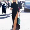 Shengpalae Springファッションブラックタートルネック3四半期スリーブスプリット裾の女性の床の長さのドレス女性SC312 210630