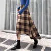 불규칙한 양모 격자 무늬 스커트 겨울 여성 높은 허리 모직 긴 스커트 패션 우아한 여성 미디 스커트 체크 Faldas Saia 210619