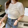 Sommar O Neck Puff Short Sleeve Pläterad Chiffon Blus Kvinnor Koreansk Vintage Slim Top Kvinna Casual Lace Woman Shirts 14349 210512