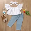 Set 3 pezzi per vestiti estivi per ragazza Top bianchi + Jeans strappati + Fasce per ragazze Completi per bambini Completi per bambini