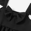ママと私と私のための夏の固体黒のスリングちょう結びのデザインのデザインのドレス210528