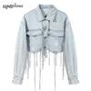 Free Fashion Fringed Denim Jacket Lapel Long Sleeve Single-breasted Button Short Women's 210524