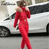 タタリア高品質女性冬ロングコートフード付きジャンプスーツ毛皮の襟のトラックスーツとジャケットのための壁