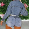 Jesień Burs Frayed Denim Kobiety Krótki Płaszcz Z Długim Rękawem Turn-Down Candy Kolor Kobiet Kurtka Vintage Streetwear Lady Znosić 210914