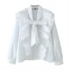 BLSQR Moda ile Yay Yaka Beyaz Bluzlar Kadınlar Tatlı Uzun Kollu Gevşek Kadın Gömlek Blusas Chic Tops 210430