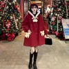 女性のウールブレンドクリスマスレッドウールフード付きコート女性女性秋冬2022日本間のファッションミッドレングス太いジャケットレディース服BER