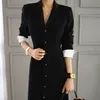 Black Midi Party Dress Spring Women Elegant Single Breasted Long Sleeve V Neck Blazer OL Work Wear Office Lady 210520