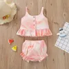 Zomer baby meisjes kleding set stropdas kleurstof geribbelde katoenen mouwloze knop ruches crop tops hoge taille shorts outfits m3483