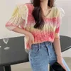 Moda Feminina Knitwear Lace Openwork Rainbow Manga Curta Loose Para Desgaste Exterior 210520