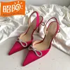 2023 new pointed silk satin high-heeled sandals women's luxury crystal fashion bow decoration cool 9.5 cm high Sexy Wedding Bridal Shoes