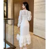 Mode blanc dentelle robe femme taille haute élégante fête Maxi Vestido dames à manches longues volants femme printemps vêtements 210603