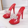 Sandales femmes pantoufle talons hauts verre cristal talon mince 13CM plate-forme étanche Sexy Cool chaussure femme strass