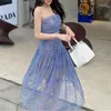 Ankunft Runway Sommerkleid Blaue Spitze Pailletten Stickerei Sexy Rückenfrei Schlank Party Vestidos 210520