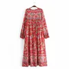 Women Bohemian Red Midi Dress Spring Autumn Floral Printed Long Sleeve Pleated Party Chic O-neck Femme Vestidos 210521