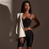 Ailigou Mulheres Top Quality Celebridade Two-Peça Terno Preto Branco Rayon Bandage Calças De Moda Fashion Set 210727