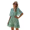 Summer Green Vintage Beach Mini Dress Button Elastyczne Plisowane Krótki Rękaw Tie Dress Dress A-Line Ruffles Sukienka Vestidos 210514