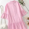 Aelegantmis Rosa Unregelmäßiges Hemdkleid für Frauen Schmetterlingshülse Korea Chic Minikleider Lässige Rüschenkante Vestido De Mujer 210607