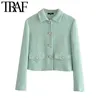 Women Fashion Metal Buttons Cropped Tweed Jacket Coat Vintage Long Sleeve Flap Pockets Female Outerwear Chic Tops 210507
