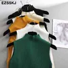 Höst våren solid elegant ärmlös tröja pullover turtleneck mode kvinnlig grundläggande stickad jumpers topp 210922