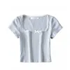 Summer Crop Top Femmes Vintage Graphic T-shirts Mode coréenne Violet S Manches courtes Mignon Élégant Noir Blanc 210720