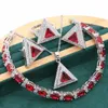 2021 Geometryczne Czerwone Kamienie Srebrna Biżuteria Zestaw Dla Kobiet Bransoletka Stud Kolczyki Naszyjnik Wisiorek Pierścień