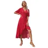 Yaz Tatlı V Yaka Baskı Puantiyeli Plaj A-line Elbise Vintage Tatil Maxi Elbise Kadınlar için Boho Ruffles Uzun Elbise 210514