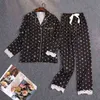 Pijamas de seda de hielo Conjuntos de impresión de mujeres Pijama Botón de manga larga Otoño Invierno Trajes de hogar Sapa Sexy set de encaje Pijama 2Pack 211112