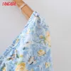 Tangada Women Blue Floral Print French Style Summer Midi Dress Puff Short Sleeve Ladies Sundress 2M177 210609