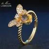 Lamoon Cute Bee 925 Sterling Silver Ring 1CT Naturlig Citrin Gemstones Smycken 14K Guldpläterade Ringar för Kvinnor Smycken LMRI019 211217