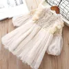 Girl Dresses Lantern Sleeve kids clothing Party Princess Spring Kids Lace Children Dress with Pearls Purple and White 3-7T 211231
