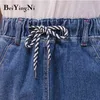 Vintage Denim Etek İpli Yüksek Elastik Bel Cepler Streetwear Midi Kot Etekler Kadın Büyük Boy Split Altları 210506