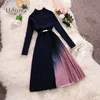 2021 Spring Autumn New Women O-Neck Long Sleeve Knitted With Chiffon Pleated Dress Female Chic Elegant Sweater Dresses X0521