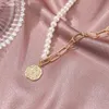 TimeOnly vintage simulado pérola cadeia robusta para mulheres minimalista cor de ouro largo link link coin coruquês colar