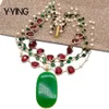 Y·YING natural 4 Strands Cultured White freshwater Pearl Red Crystal Bezel Chain statement Necklace green stone pendant necklace