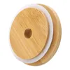 DHL Bamboo Cap Lids 70mm 88mm Bamboo Mason Jar Lids with Straw Hole and Silicone Seal Sxjun12